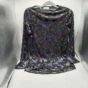 Reflections Womens Shirt Size Med Black Red Blue Velvet Mesh Floral Sheer READ